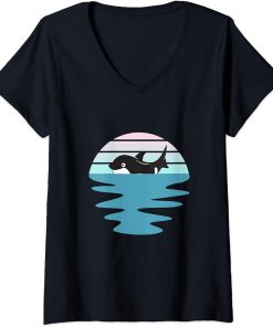 Womens Blue waves sunset Orca Killer Whale Orca Whale V-Neck T-Shirt