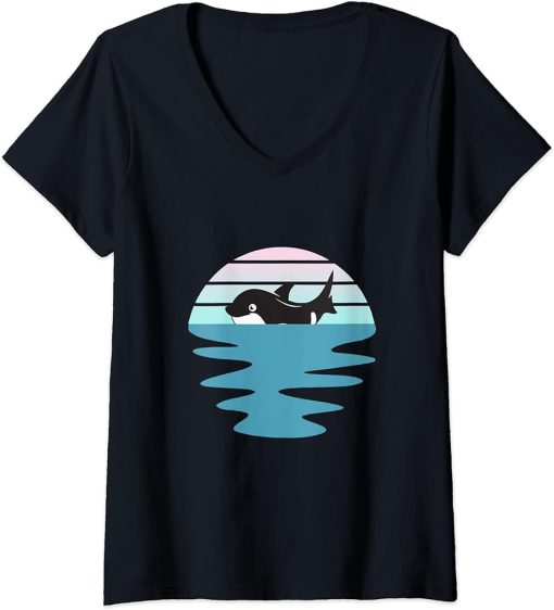 Womens Blue waves sunset Orca Killer Whale Orca Whale V-Neck T-Shirt