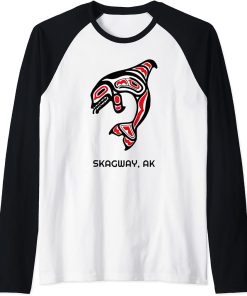 Skagway Alaska PNW Native American Orca Killer Whale Tribal Raglan Baseball Tee