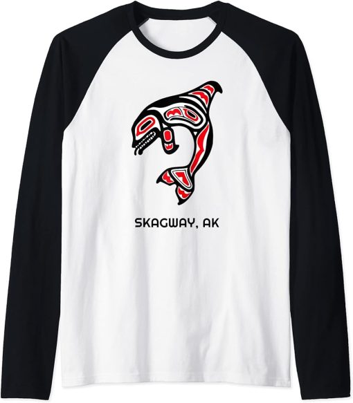 Skagway Alaska PNW Native American Orca Killer Whale Tribal Raglan Baseball Tee