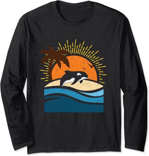 Sunny Beach Whale Aquarist Gift Ocean Animal Palm Tree Orca Long Sleeve T-Shirt