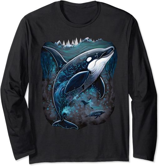 Colourful mystical orca whale watching dolphin pottwhale orca whale Long Sleeve T-Shirt