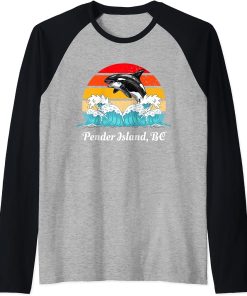 Vintage Pender Island BC Distressed Orca Killer Whale Art Raglan Baseball Tee