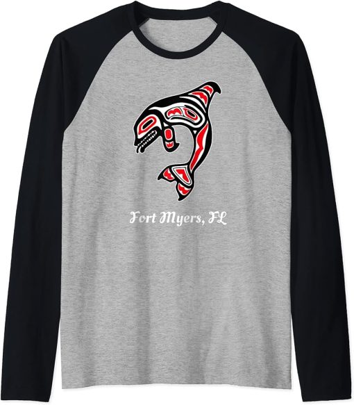 Native American Fort Myers Florida Red Orca Killer Whale Raglan Baseball Tee